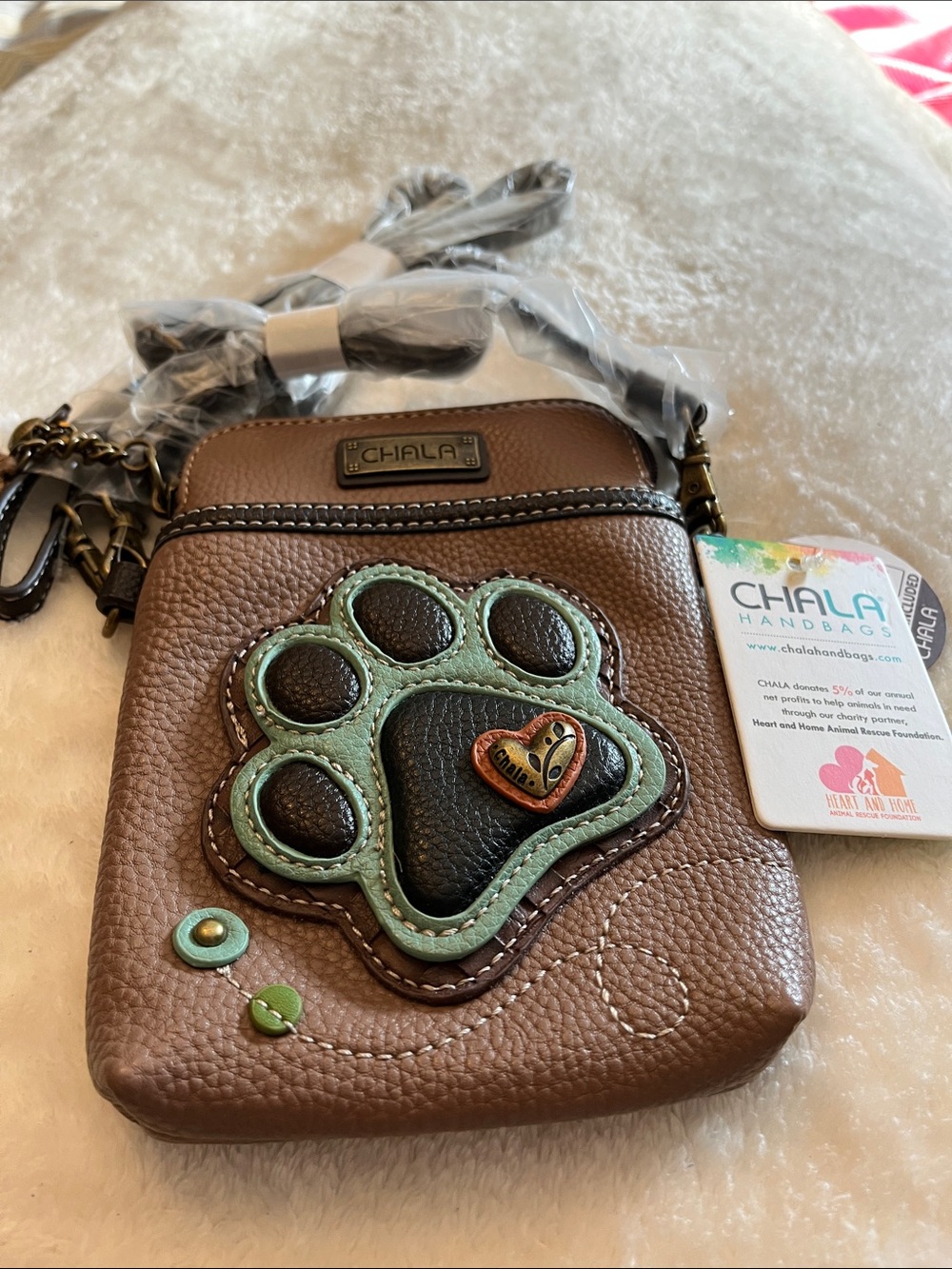 Chala Brown Crossbody Bag with Mint Paw Applique and Heart Charm